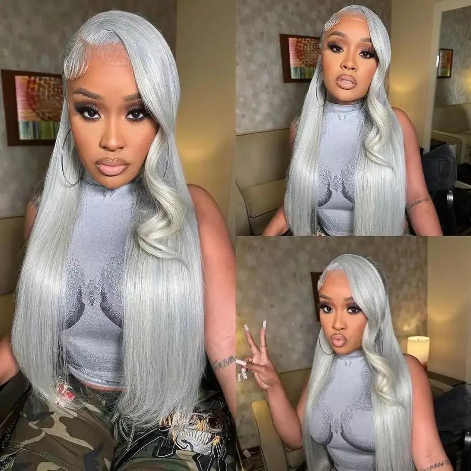 Stema Silver Grey Straight Body Wave 13x4 Transparent Lace Front Wig